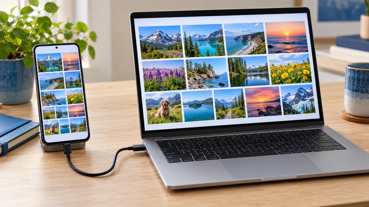 Telefonas su nuotraukų galerija USB kabeliu prijungtas prie nešiojamojo kompiuterio.