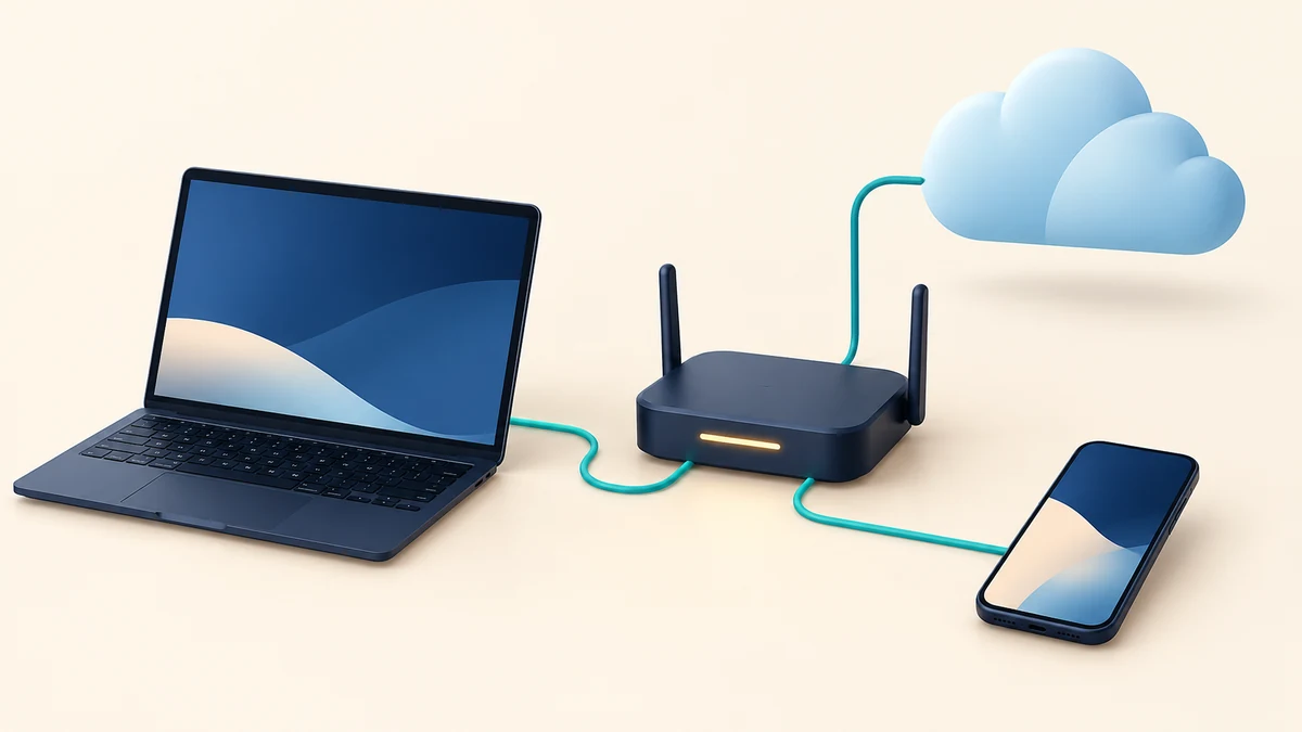 Nešiojamasis kompiuteris, telefonas ir maršrutizatorius su ryšio linijomis į stilizuotą interneto debesį