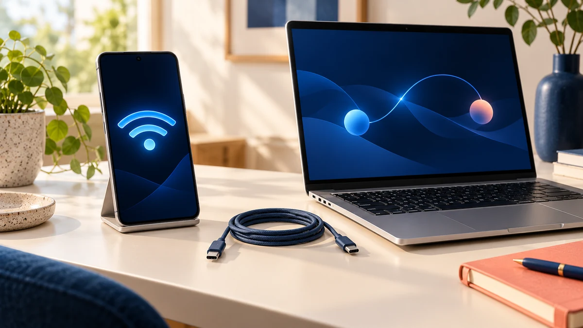 Telefonas su Wi-Fi simboliu šalia nešiojamojo kompiuterio ir USB-C kabelio