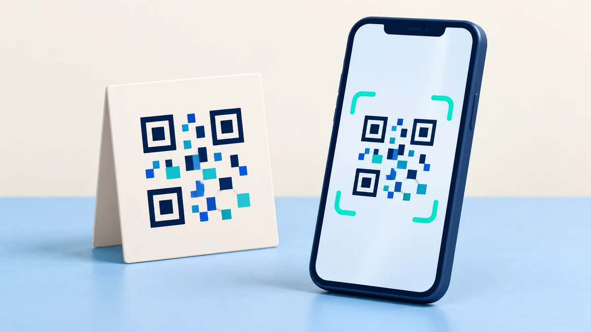 Stilizuotas telefonas su skenavimo rėmeliu šalia kortelės su QR kodo motyvu