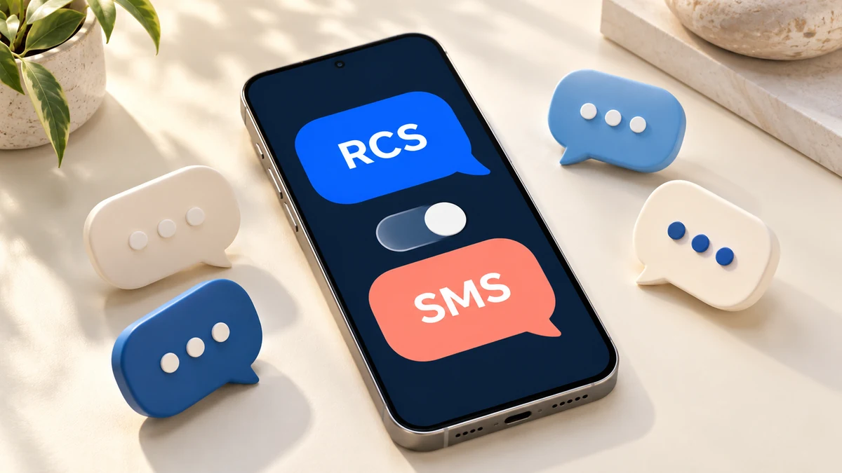 Telefono ekrane pavaizduoti RCS ir SMS pokalbio simboliai bei jungiklis